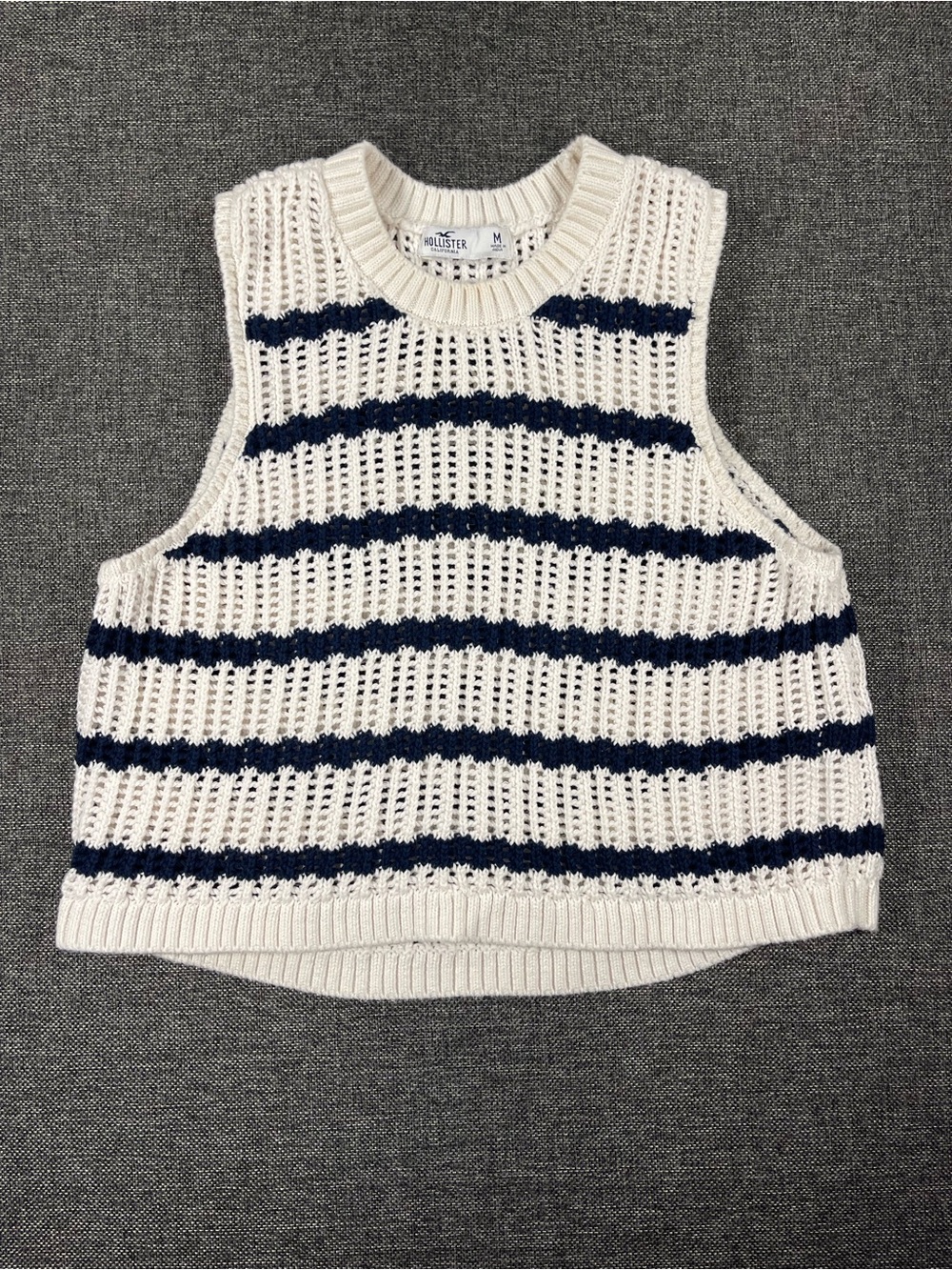 Hollister Cream and Navy Striped Crochet Knit Sleeveless Sweater Vest - Picture 1 of 5
